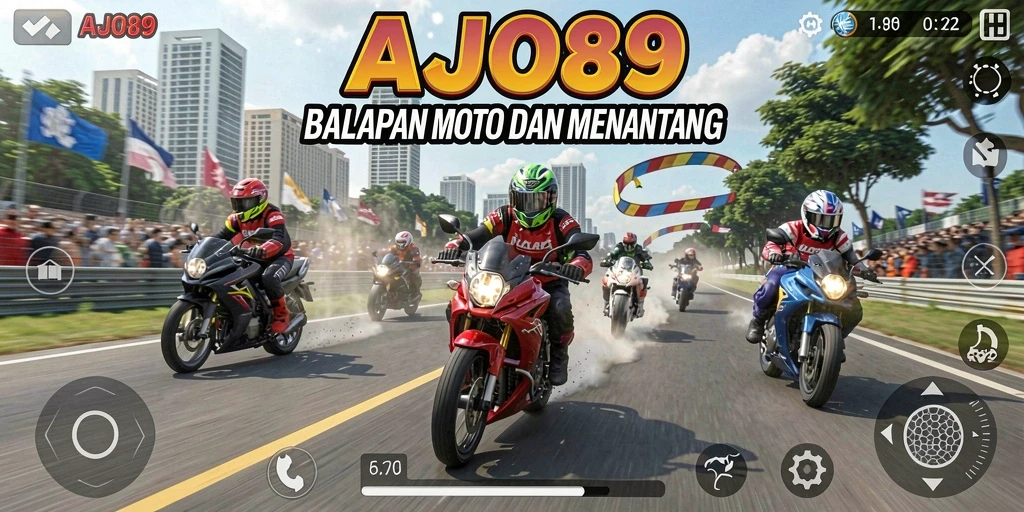 Tampilan gameplay AJO89 yang menampilkan aksi balapan motor seru.