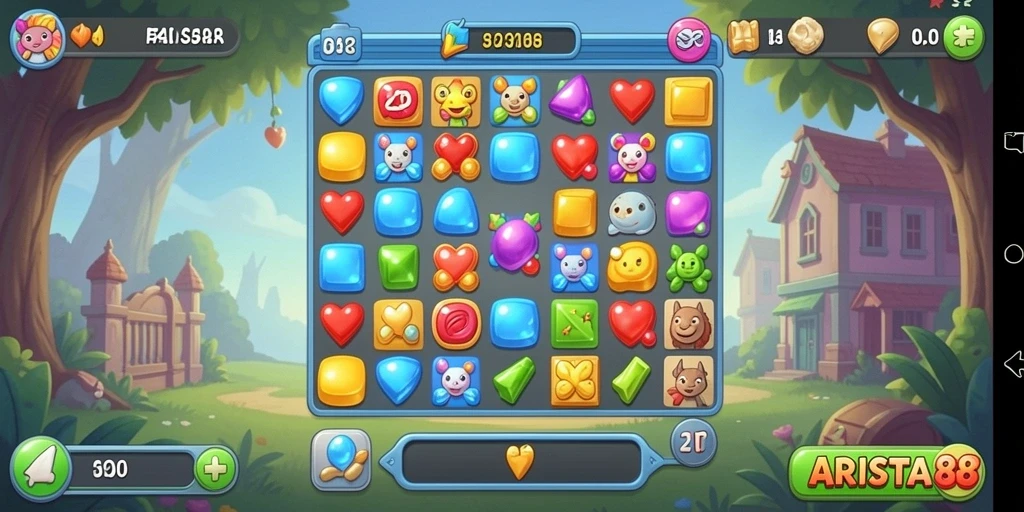 Tampilan menarik dari gameplay Match-3 ARISTA88 yang penuh warna.