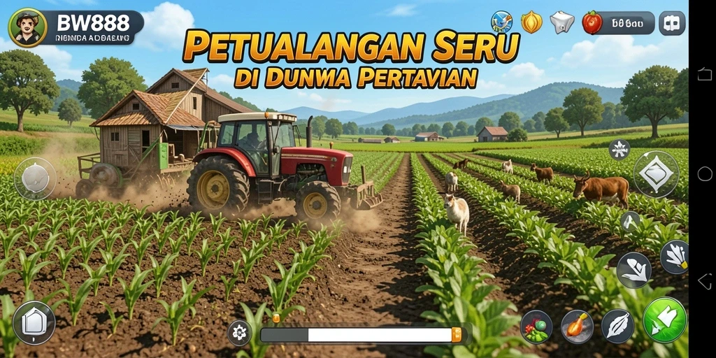 Screenshot gameplay BW888 menampilkan suasana ladang yang asri dan aktivitas bertani.
