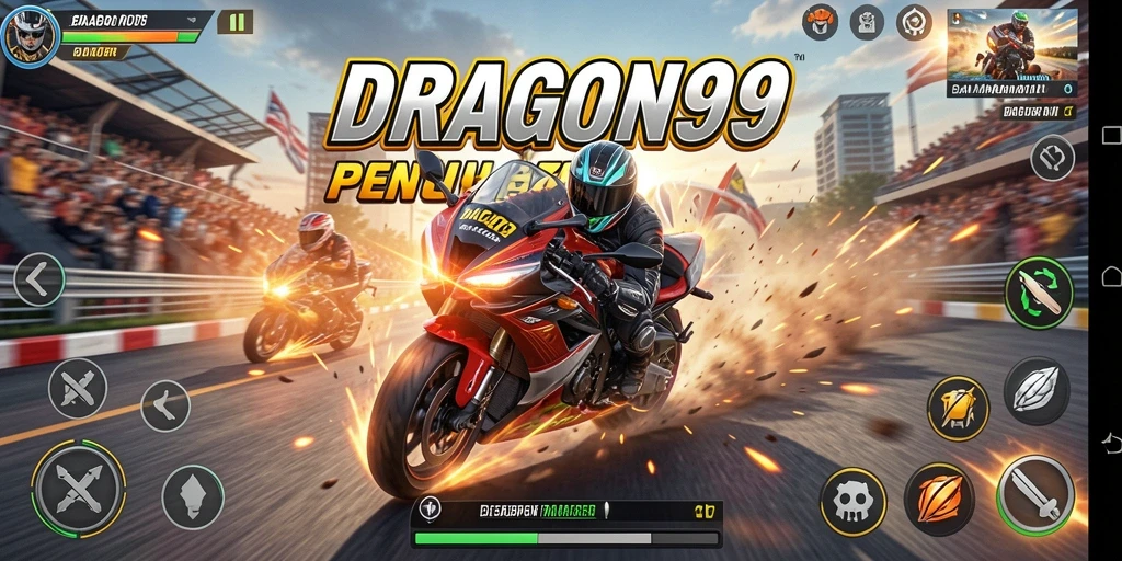 Tangkapan layar gameplay DRAGON99 menampilkan balapan motor yang intens.