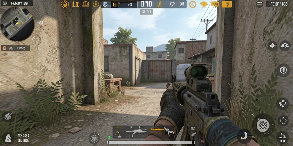 Screenshot gameplay intens dari FENDY188 dengan aksi menembak mendebarkan.