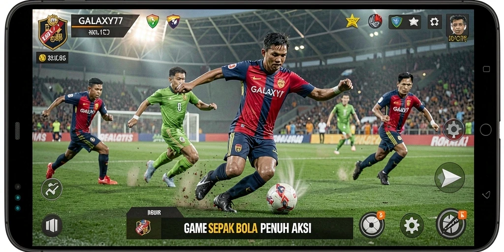Tampilan gameplay yang intens dari GALAXY77 dengan aksi sepak bola yang seru.