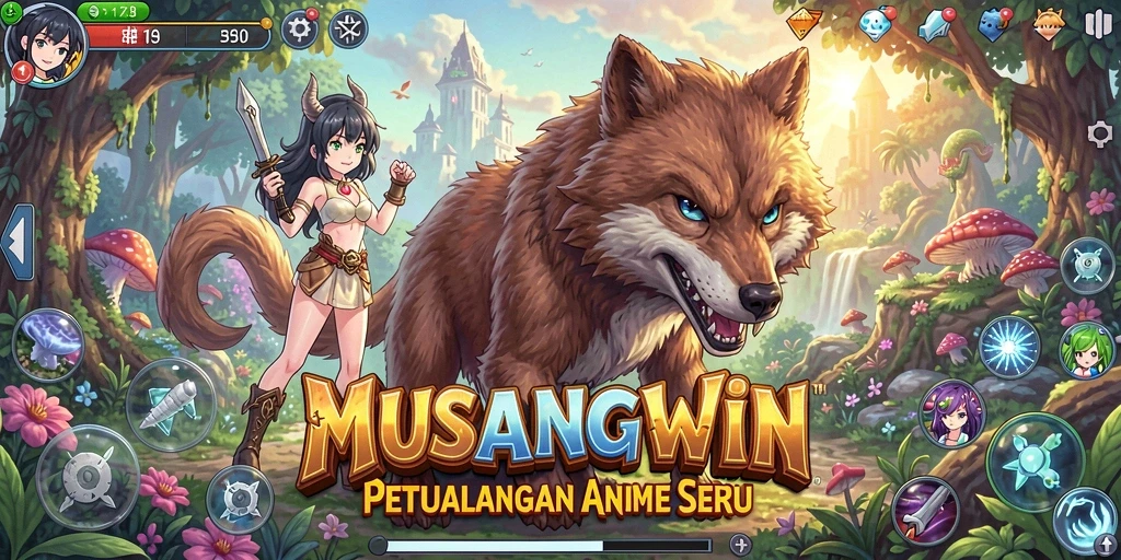 Screenshot utama MUSANGWIN menampilkan aksi pertarungan dalam gaya Anime yang memukau.