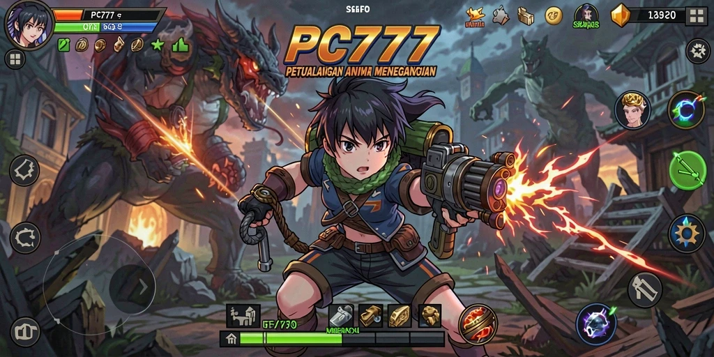 Tangkapan layar utama PC777 menampilkan karakter anime dalam aksi seru.