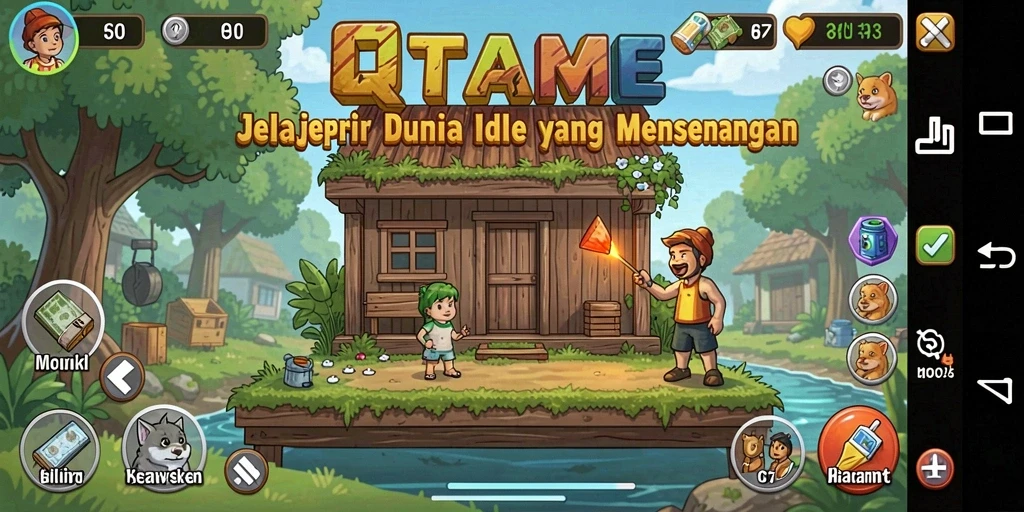Tangkapan layar gameplay QTGAME menampilkan karakter yang bekerja secara otomatis.