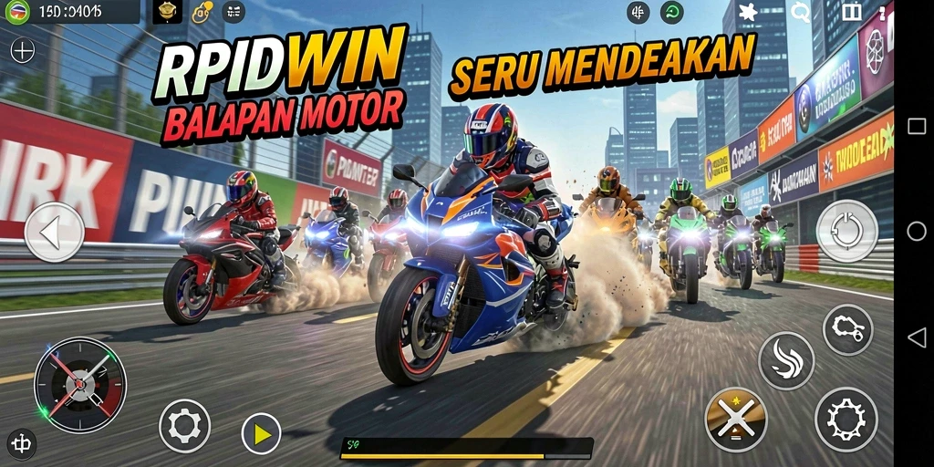 Screenshot RPIDWIN menampilkan aksi balapan motor yang mendebarkan.
