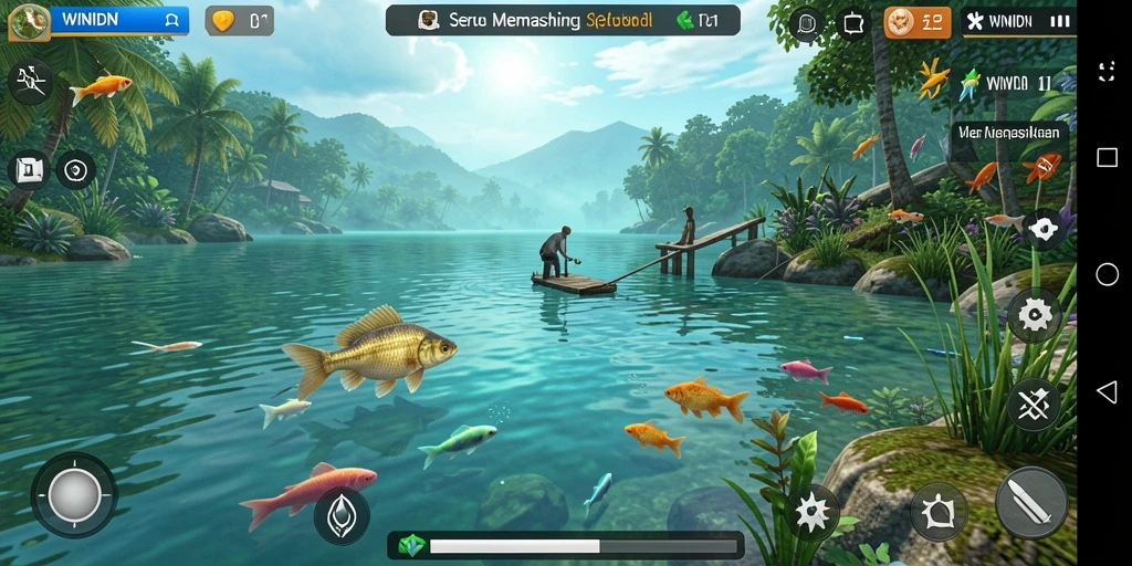 Tampilan gameplay seru dari WINIDN dengan banyak ikan yang menunggu untuk ditangkap.
